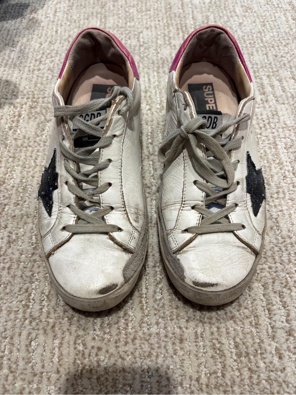 Golden Goose White Leather Low-Top Sneakers with navy sequin Star and Pink back